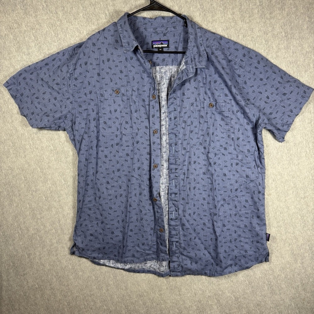 Patagonia Back Step Mens XXL Blue All Over Print Short Sleeve Button Up Shirt - Picture 2 of 12